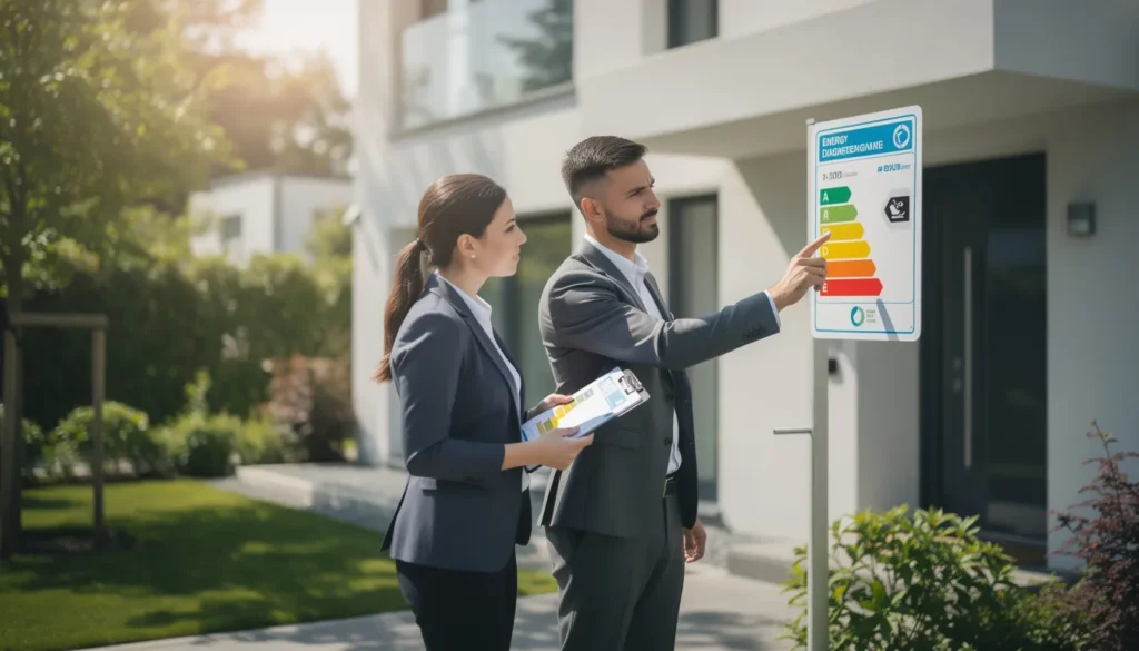 Deux professionnels inspectant un rapport de diagnostic de performance énergétique devant un bâtiment résidentiel, mettant en avant l'évaluation énergétique.