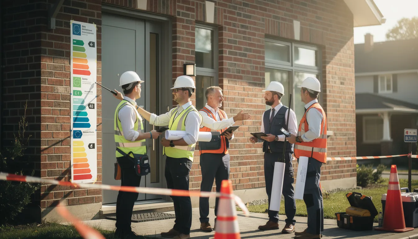 Une équipe de cinq professionnels inspectant un bâtiment résidentiel pour un diagnostic de performance énergétique, discutant des étiquettes tout en portant des vêtements appropriés, sous une lumière naturelle.