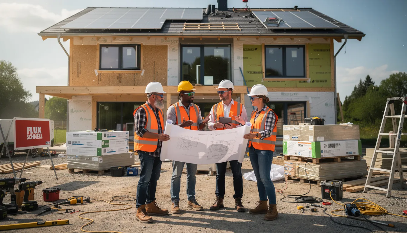 Cinq professionnels sur un chantier de construction inspectant un bâtiment résidentiel en rénovation énergétique, discutant de plans et examinant des matériaux écoénergétiques.