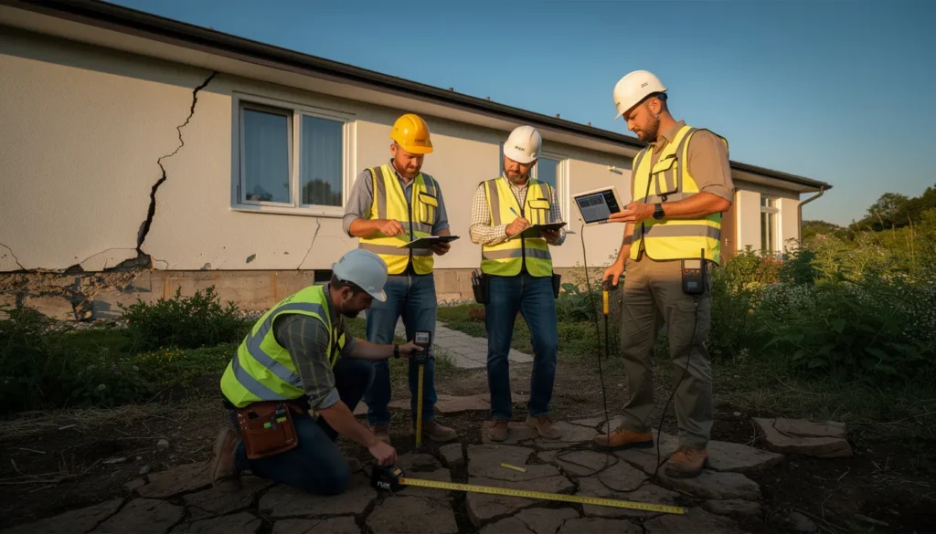 Cinq professionnels en équipement de sécurité inspectant une propriété résidentielle affectée par des problèmes de retrait-gonflement d'argile, examinant des fissures et le sol.