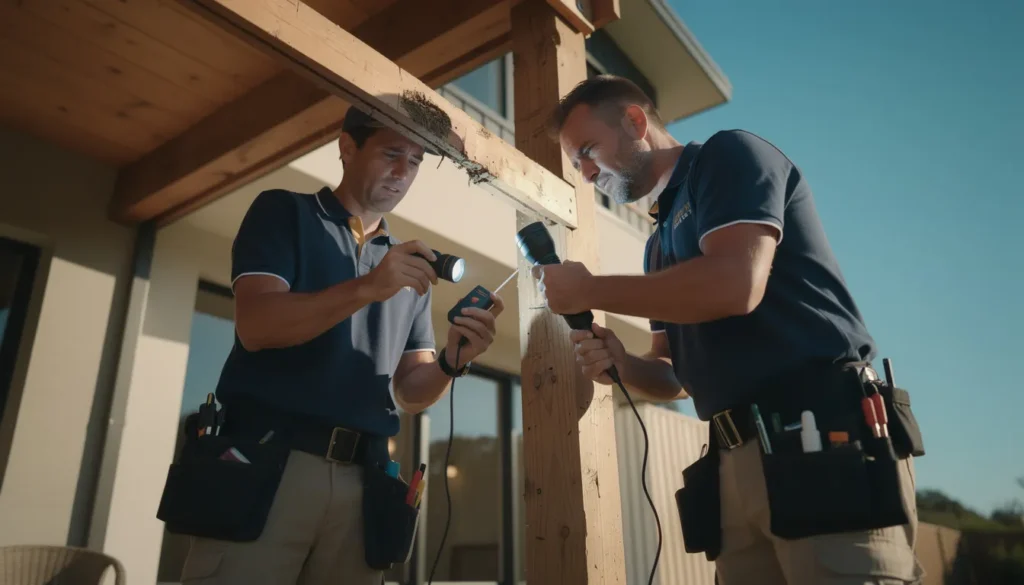 Inspection d'un bâtiment résidentiel pour des termites par deux professionnels avec outils, mettant en lumière l'importance des diagnostics immobiliers.