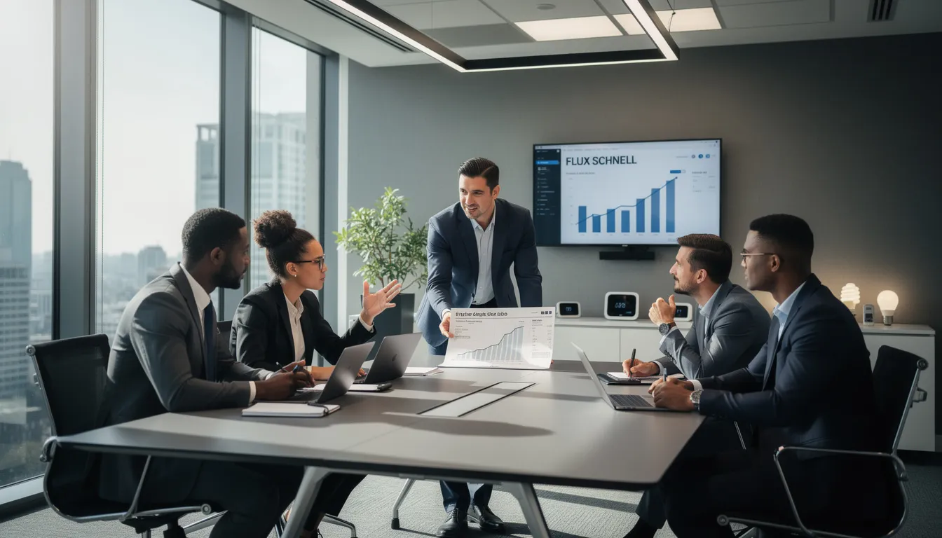 Cinq professionnels dans une salle de réunion moderne discutant des enjeux liés à la facture énergétique des ménages français, avec un rapport sur les coûts de l'énergie affiché sur une table.