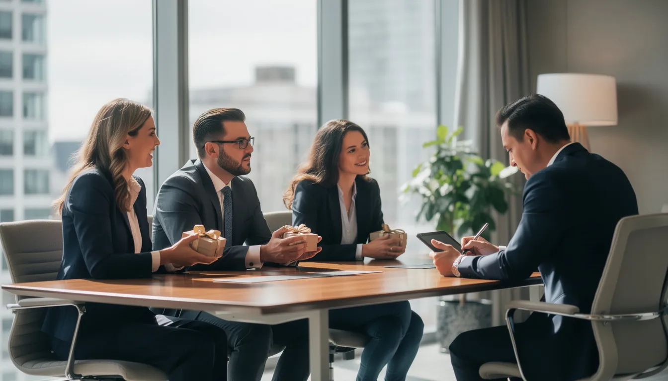 Cinq professionnels dans un bureau bien éclairé discutant des cadeaux de fin d'année pour des prescripteurs immobiliers, avec des boîtes de chocolat et des tablettes numériques.