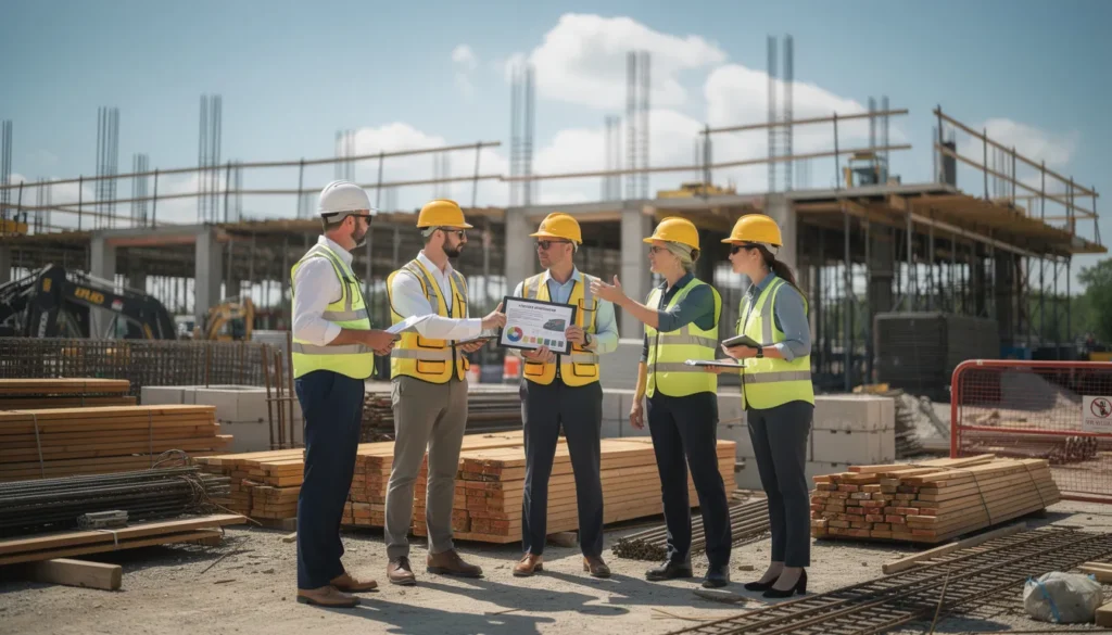 Groupe de cinq professionnels sur un chantier discutant des impacts des catastrophes naturelles sur les biens immobiliers, en examinant un rapport sur des inondations récentes.