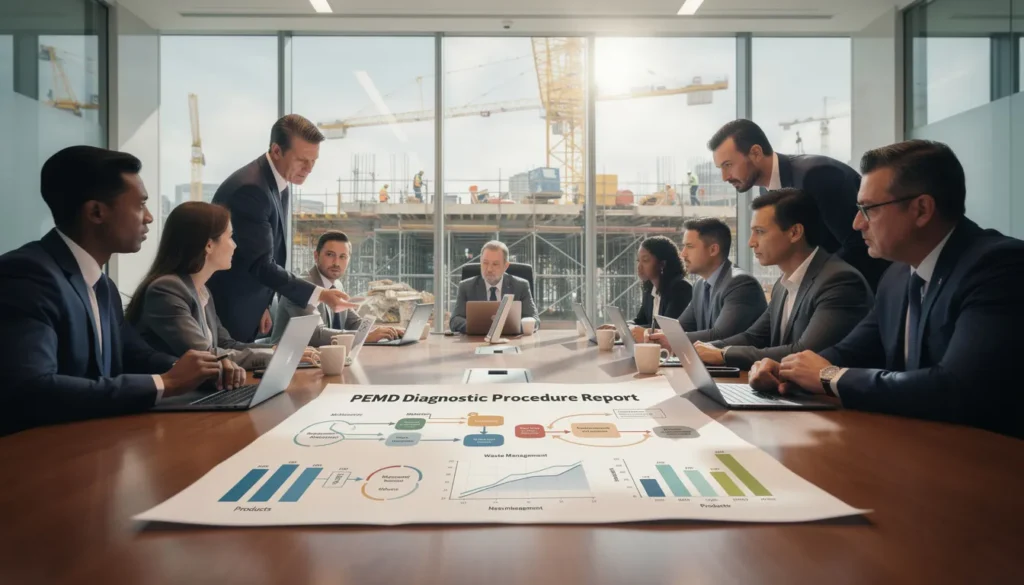 Group of professionals discussing the PEMD diagnostic procedure in a modern conference room, surrounded by detailed reports and a view of a construction site.