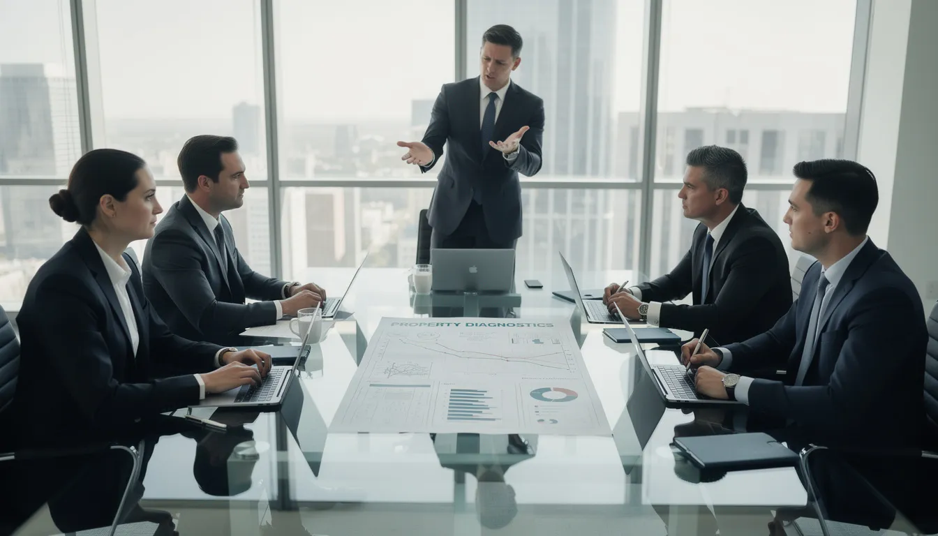 Cinq professionnels en tenue formelle autour d'une table de conférence examinant un rapport sur les diagnostics immobiliers dans un bureau bien éclairé.