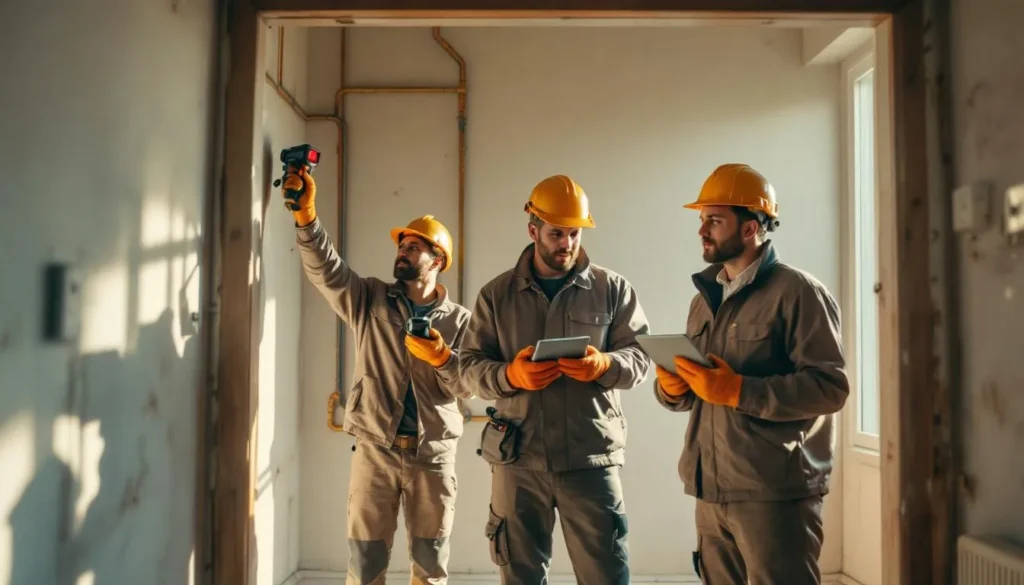 Professionnels en gilets de sécurité inspectant un bâtiment pour des diagnostics immobiliers, utilisant divers outils techniques dans un environnement professionnel.