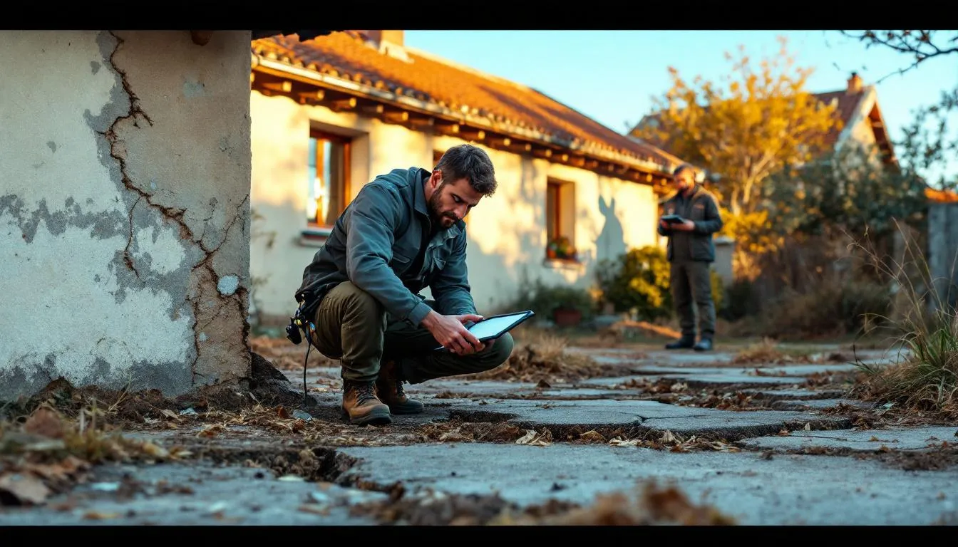 Professionnels inspectant un bâtiment résidentiel sur chantier, analysant les impacts du retrait-gonflement d'argile. Atmosphère professionnelle avec équipement de construction en arrière-plan.