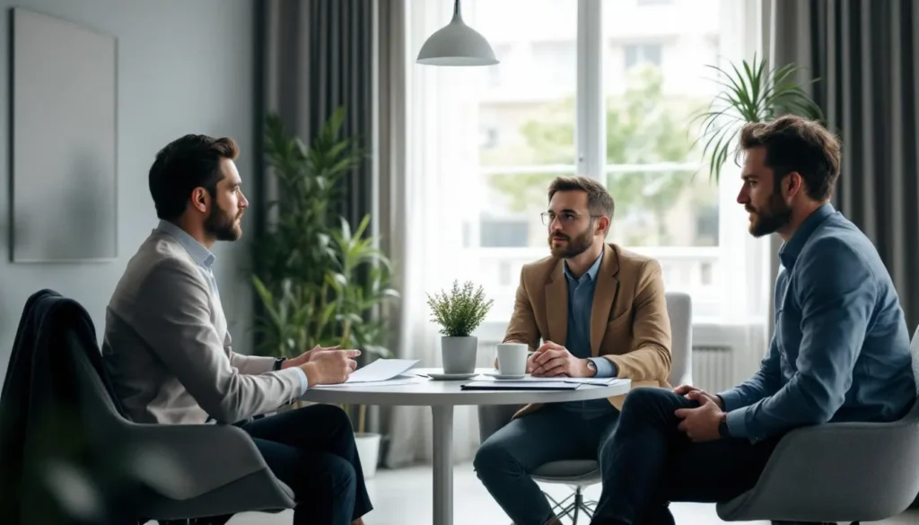 Un médiateur professionnel discutant avec deux parties en conflit autour d'une table dans un bureau élégant, soulignant l'importance de la médiation à la consommation.