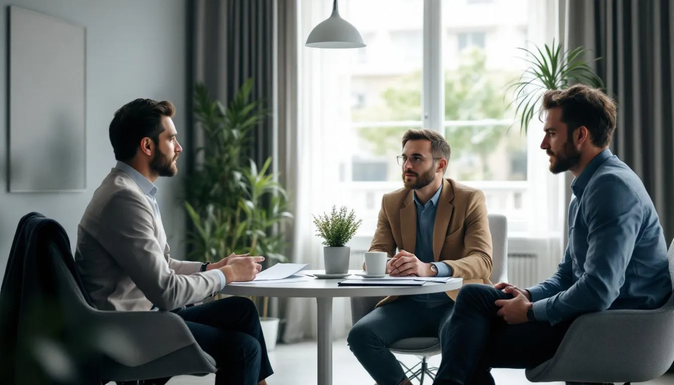 Un médiateur professionnel discutant avec deux parties en conflit autour d'une table dans un bureau élégant, soulignant l'importance de la médiation à la consommation.
