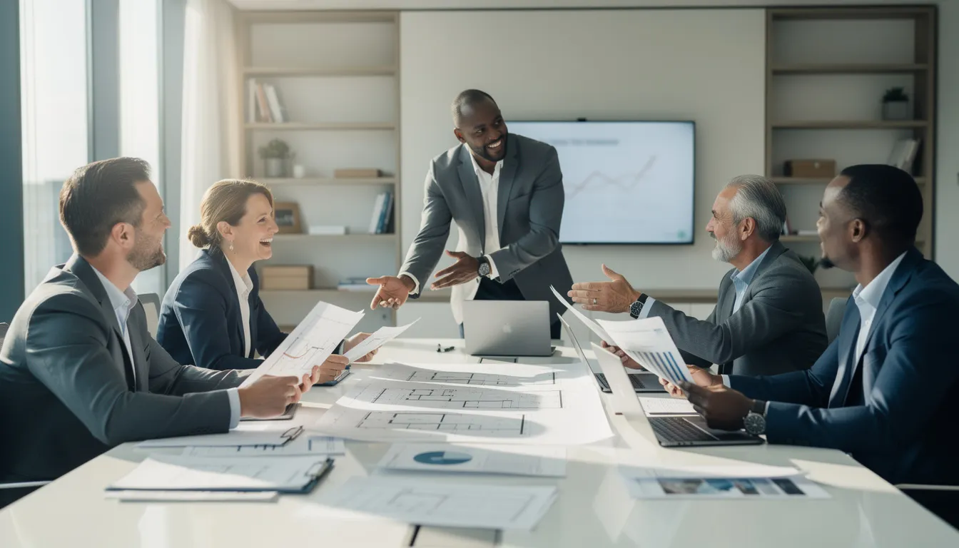 Un groupe de cinq diagnosticiens immobiliers discutant de changements réglementaires dans un bureau moderne, avec plans et documents sur la table.