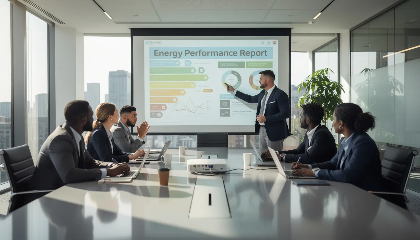 Groupe de six professionnels dans un bureau lumineux discutant des nouvelles réglementations sur la performance énergétique, avec un rapport coloré projeté à l'écran.