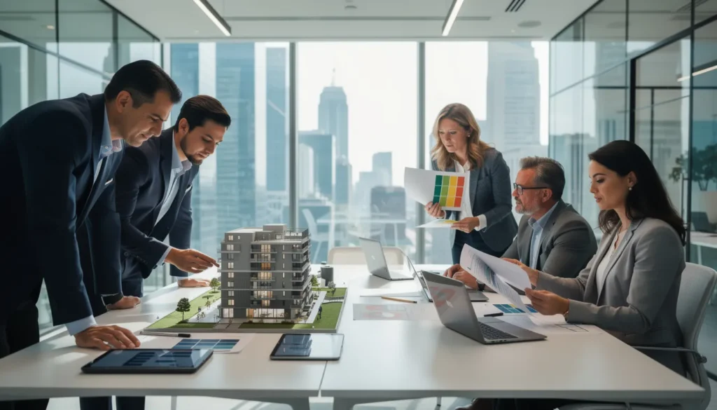 Un groupe de cinq professionnels en réunion sur une stratégie de rénovation énergétique, examinant un modèle de bâtiment et des rapports détaillés sur les étiquettes de performance.