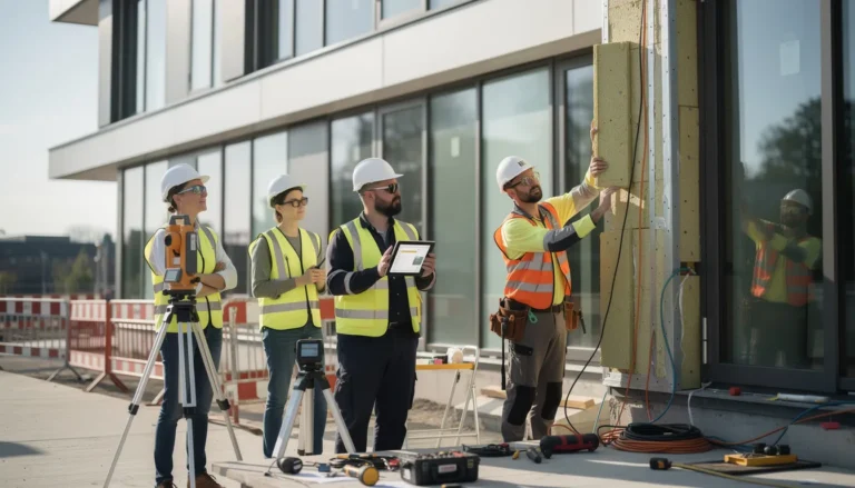 Cinq professionnels sur un chantier inspectant l'extérieur d'un bâtiment lors d'un audit énergétique, avec des instruments et un environnement de travail sécurisé.