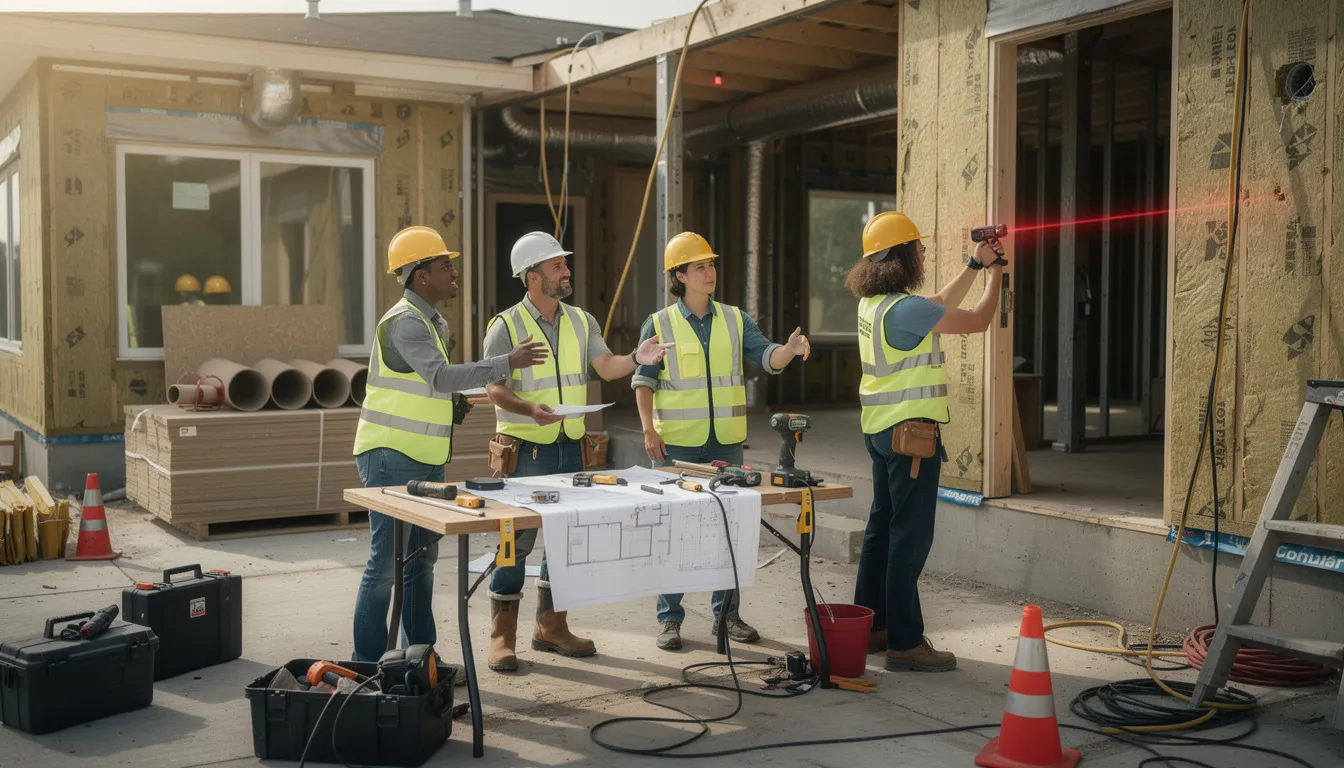 Une équipe de professionnels sur un chantier de rénovation énergétique discutant de plans et mesurant un bâtiment résidentiel.