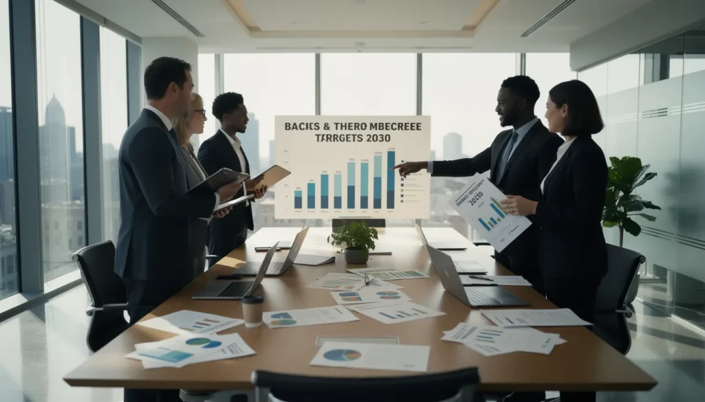 Cinq professionnels dans un bureau moderne discutant des conséquences du report du décret BACS et thermostats jusqu'en 2030, avec des documents et des graphiques sur l'efficacité énergétique.