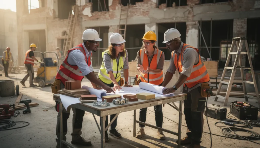 Cinq professionnels discutant de la rénovation de bâtiments anciens sur un chantier, inspectant des plans et échantillons de matériaux dans un environnement professionnel.