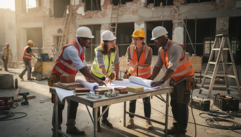 Cinq professionnels discutant de la rénovation de bâtiments anciens sur un chantier, inspectant des plans et échantillons de matériaux dans un environnement professionnel.
