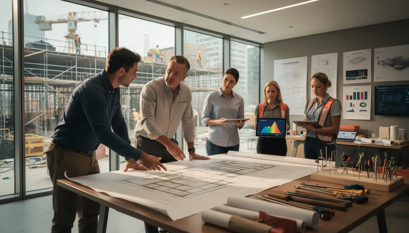 Une équipe de cinq professionnels analysant un projet de rénovation de bâtiment dans un bureau moderne, avec des plans et des outils de construction autour d'eux.