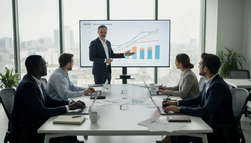 Une équipe professionnelle de cinq personnes discutant des modifications à la réglementation RE2020 dans un bureau contemporain, avec des graphiques et des notes sur la performance énergétique.