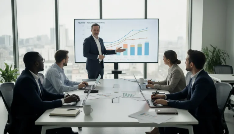 Une équipe professionnelle de cinq personnes discutant des modifications à la réglementation RE2020 dans un bureau contemporain, avec des graphiques et des notes sur la performance énergétique.