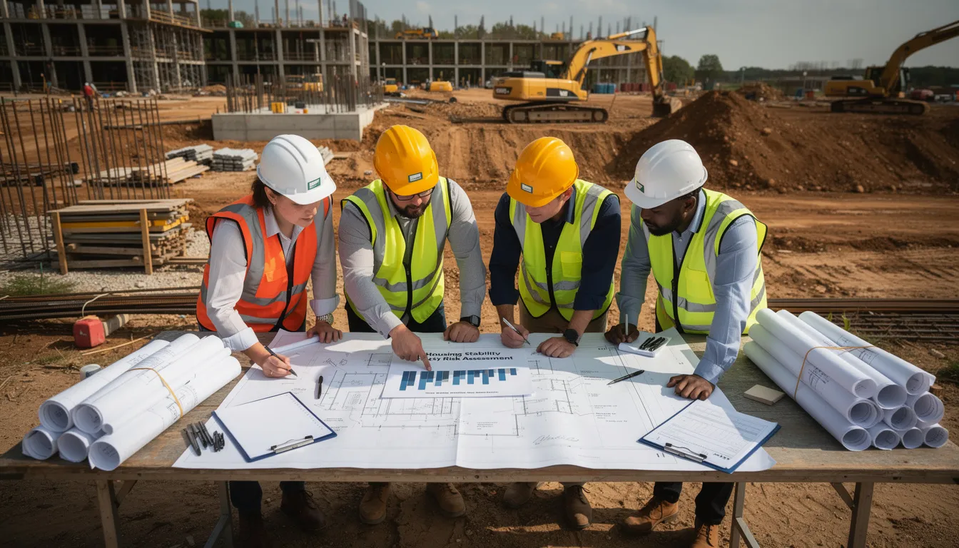 Une équipe de cinq professionnels sur un chantier abordant l'évaluation des risques liés aux argiles avec des plans et des rapports techniques.