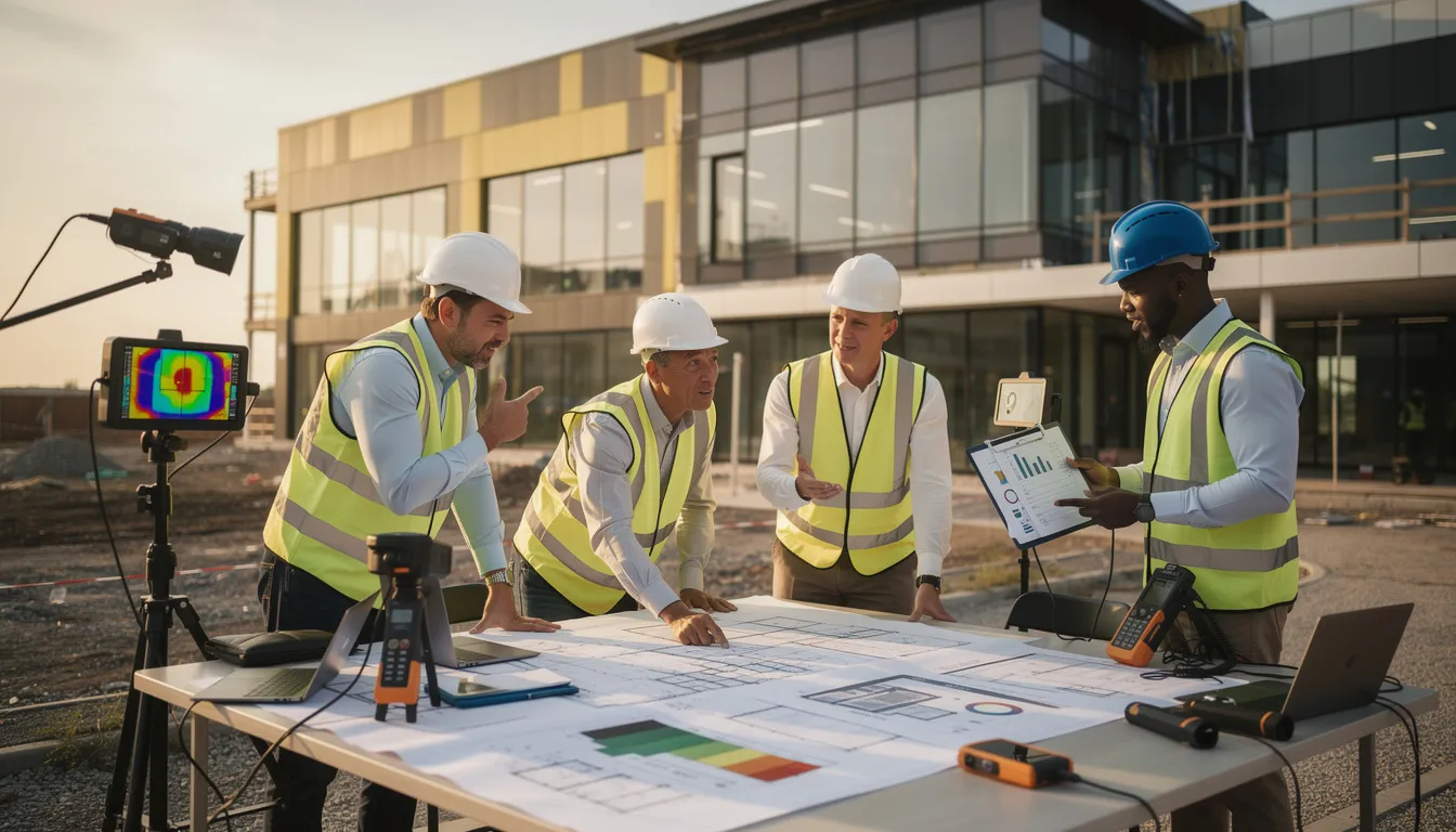 Cinq professionnels sur un chantier en train d'inspecter l'efficacité énergétique d'un bâtiment, utilisant des outils modernes incluant une caméra thermique.