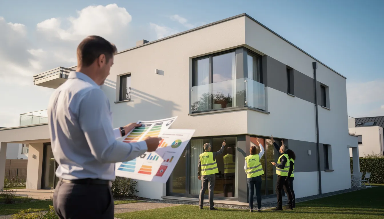 Cinque professionnels inspectant un bâtiment résidentiel pour un diagnostic de performance énergétique, en train d'examiner un rapport d'efficacité énergétique.