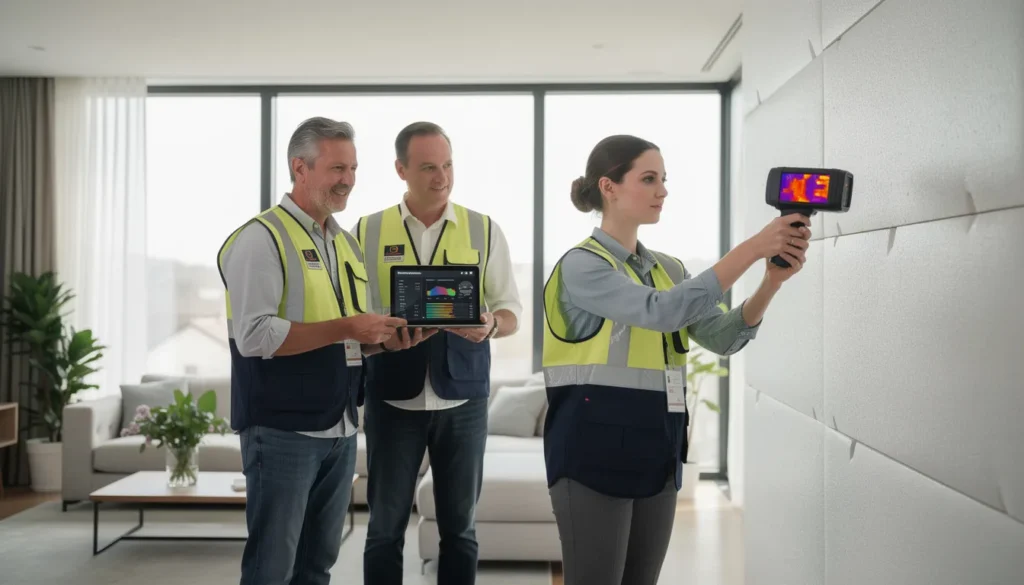 Équipe de trois inspecteurs professionnels réalisant un diagnostic de performance énergétique dans un bâtiment résidentiel moderne, utilisant une caméra thermique et une tablette pour les statistiques.