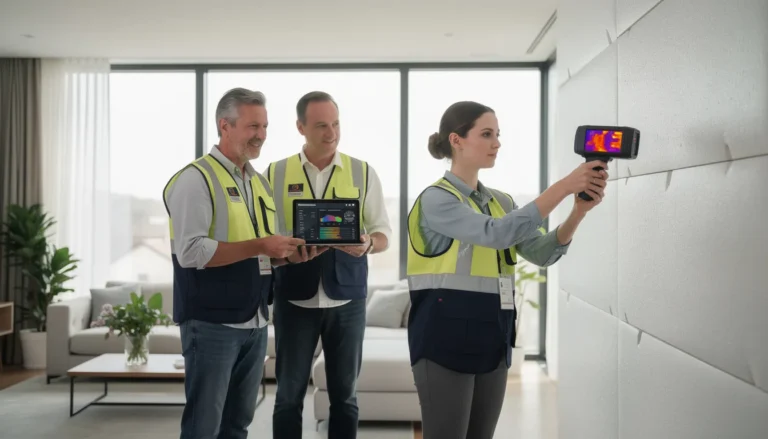 Équipe de trois inspecteurs professionnels réalisant un diagnostic de performance énergétique dans un bâtiment résidentiel moderne, utilisant une caméra thermique et une tablette pour les statistiques.