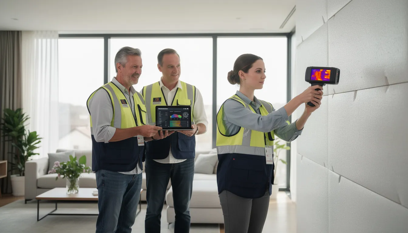Équipe de trois inspecteurs professionnels réalisant un diagnostic de performance énergétique dans un bâtiment résidentiel moderne, utilisant une caméra thermique et une tablette pour les statistiques.