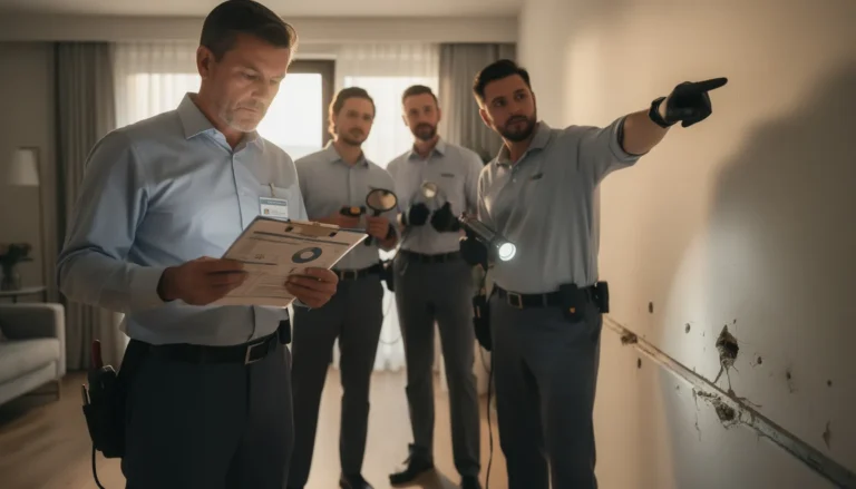 Quatre professionnels inspectant un bâtiment résidentiel pour détecter des termites, avec un rapport détaillé et des outils de diagnostic à la main.