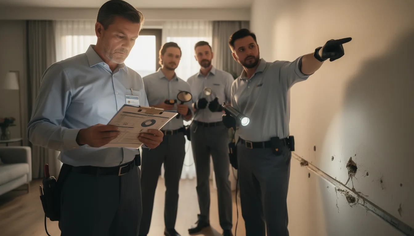 Quatre professionnels inspectant un bâtiment résidentiel pour détecter des termites, avec un rapport détaillé et des outils de diagnostic à la main.