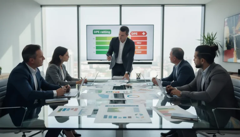 Quatre professionnels dans un bureau moderne examinant un diagnostic de performance énergétique erroné, avec des rapports détaillés sur une table.