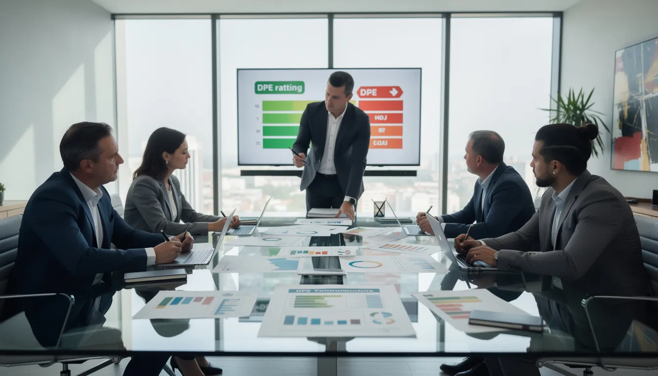 Quatre professionnels dans un bureau moderne examinant un diagnostic de performance énergétique erroné, avec des rapports détaillés sur une table.