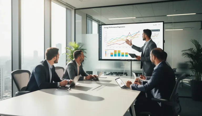 Équipe de cinq professionnels dans un bureau moderne discutant du diagnostic de performance énergétique autour d'un tableau de performance affiché sur un écran numérique.