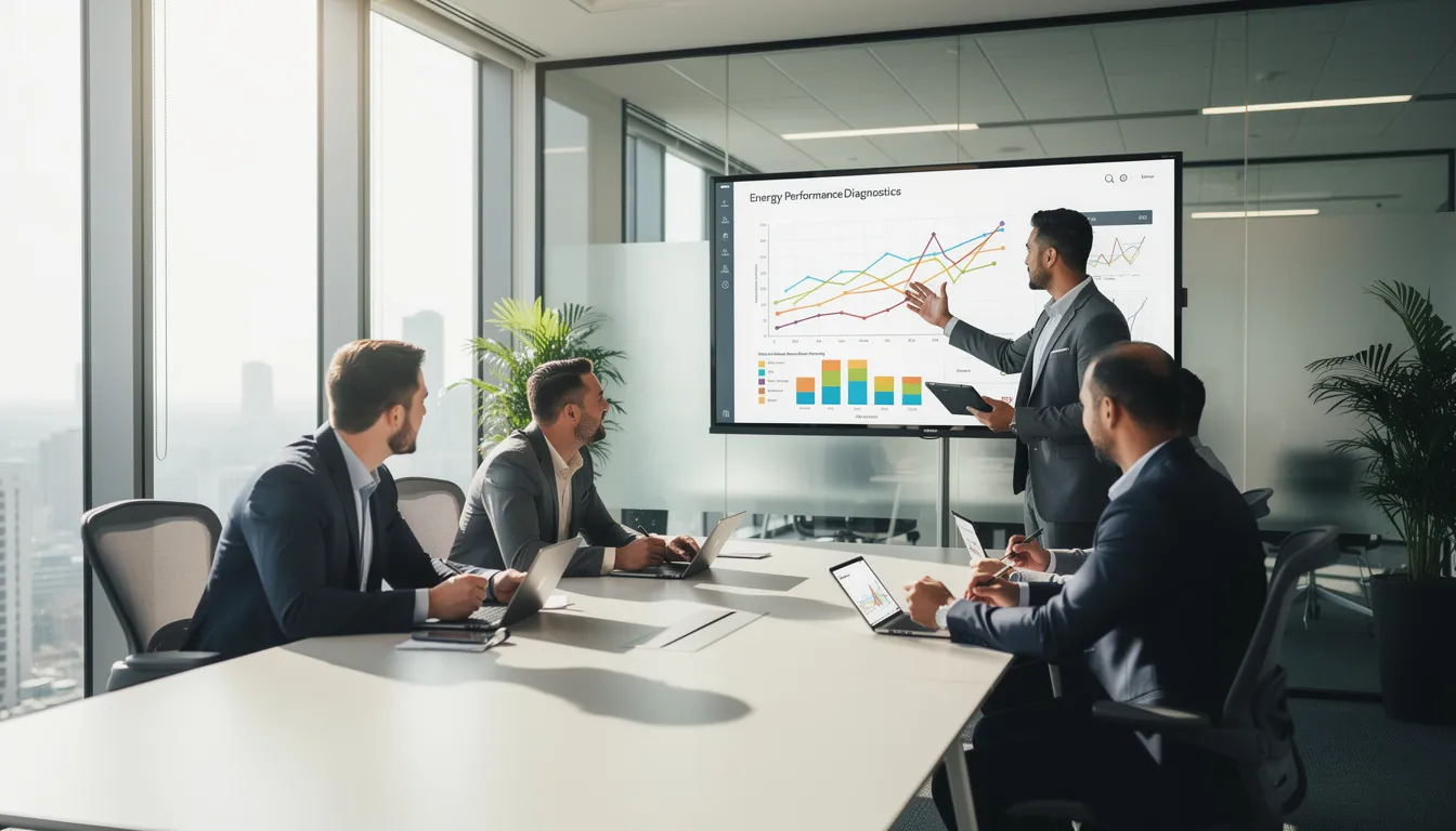 Équipe de cinq professionnels dans un bureau moderne discutant du diagnostic de performance énergétique autour d'un tableau de performance affiché sur un écran numérique.