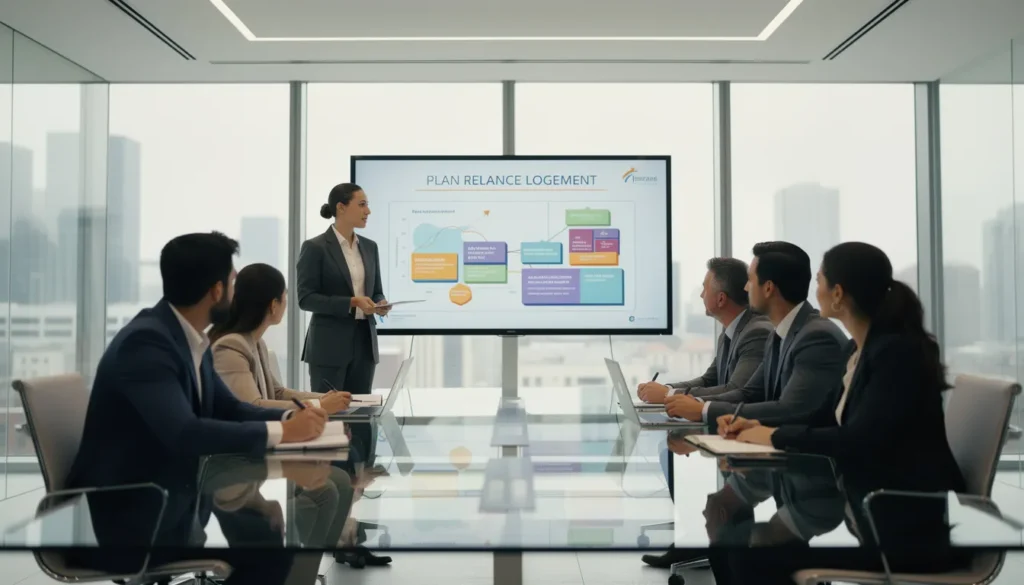 Une équipe de professionnels de l'immobilier discutant des nouvelles initiatives du Plan Relance Logement dans un bureau moderne avec un écran numérique.