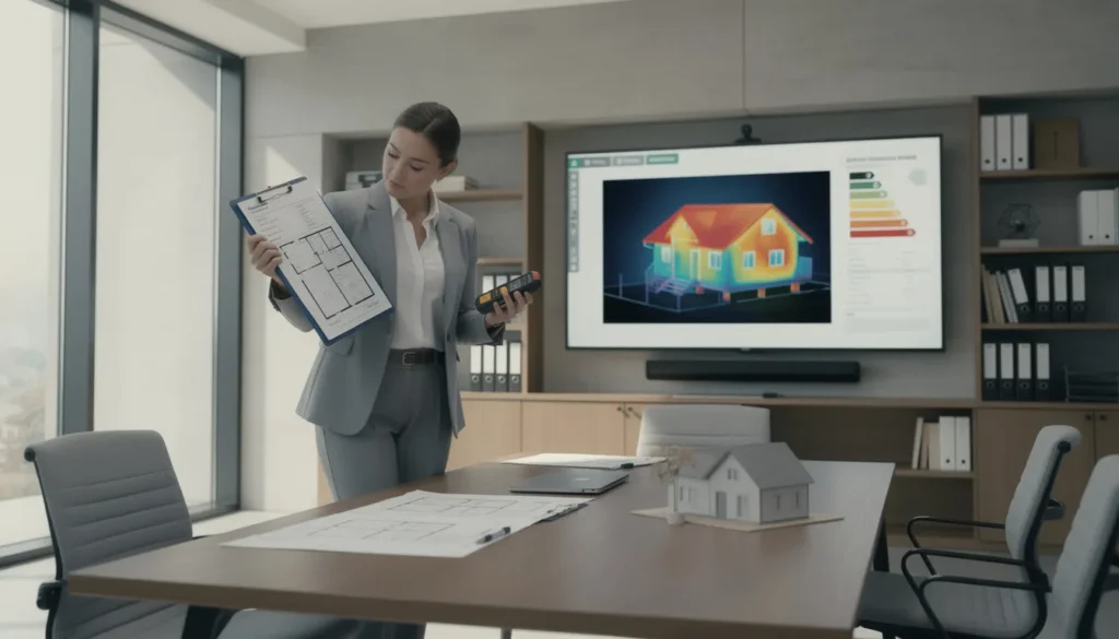 Un expert en diagnostic immobilier inspectant une propriété résidentielle avec des outils de mesure dans un bureau bien éclairé, représentant l'expertise en diagnostic de performance énergétique.