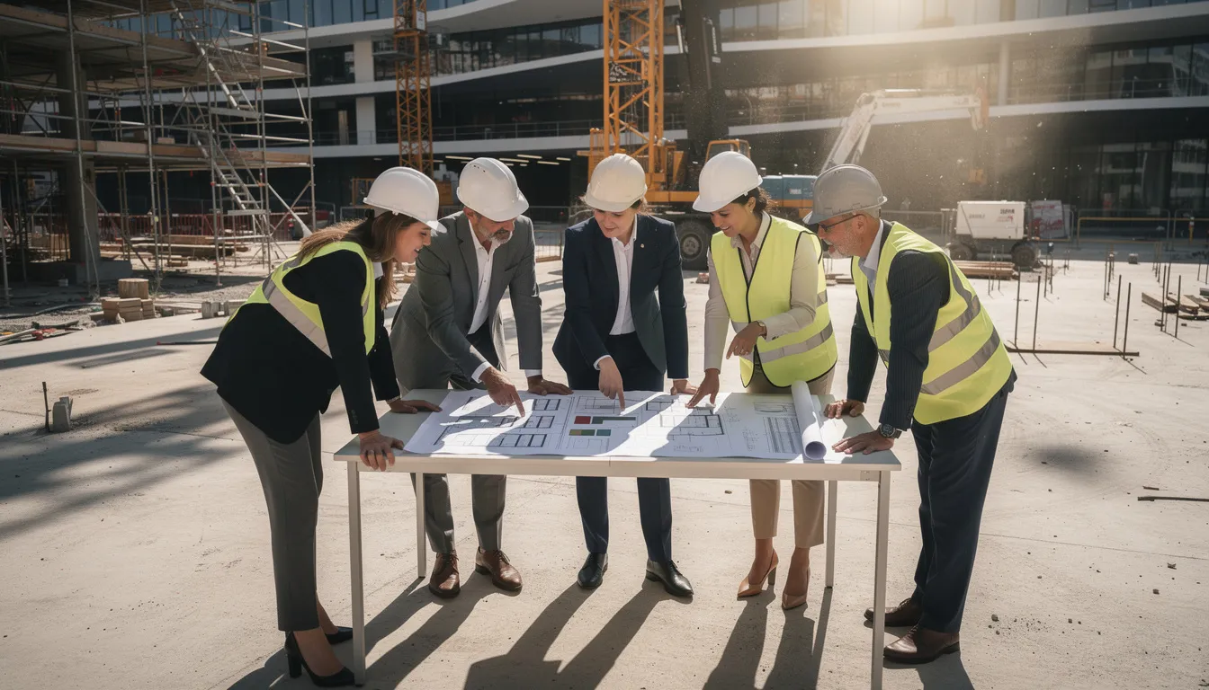 Cinq professionnels de l'immobilier examinant des rapports de diagnostics à un site de construction, en pleine discussion sur la performance énergétique et la sécurité.