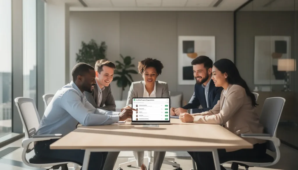Groupe de cinq professionnels dans un bureau bien éclairé, discutant du nouvel annuaire des diagnostiqueurs immobiliers avec un affichage sur une tablette.