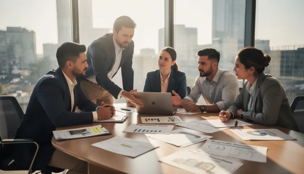 Cinq professionnels réunis dans un bureau moderne discutant des dernières évolutions dans le domaine des diagnostics immobiliers avec des rapports et un ordinateur portable sur la table.