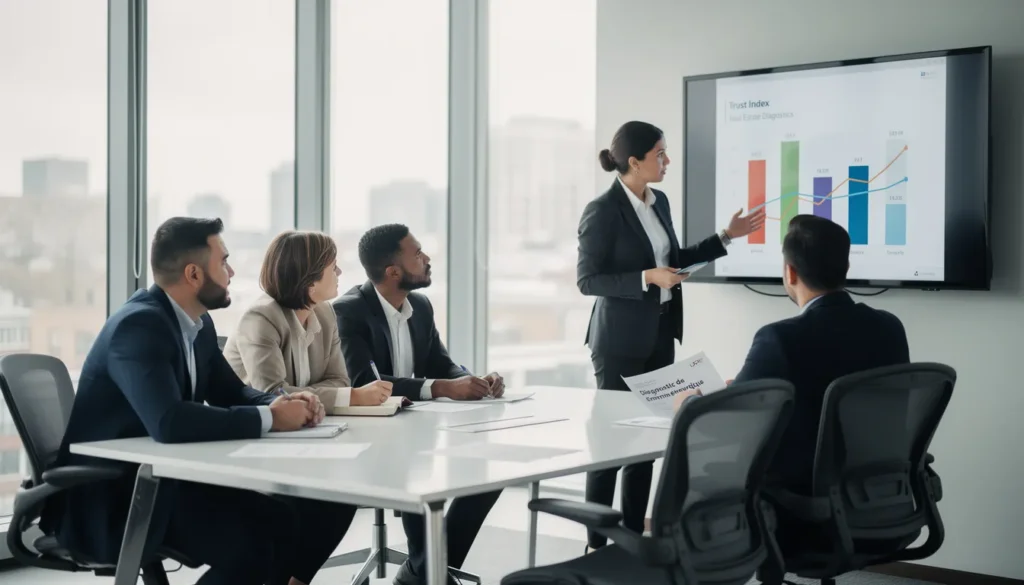 Cinq professionnels dans un bureau lumineux discutant de l'amélioration de l'image des diagnostiqueurs immobiliers, avec un graphique sur les métriques de confiance.