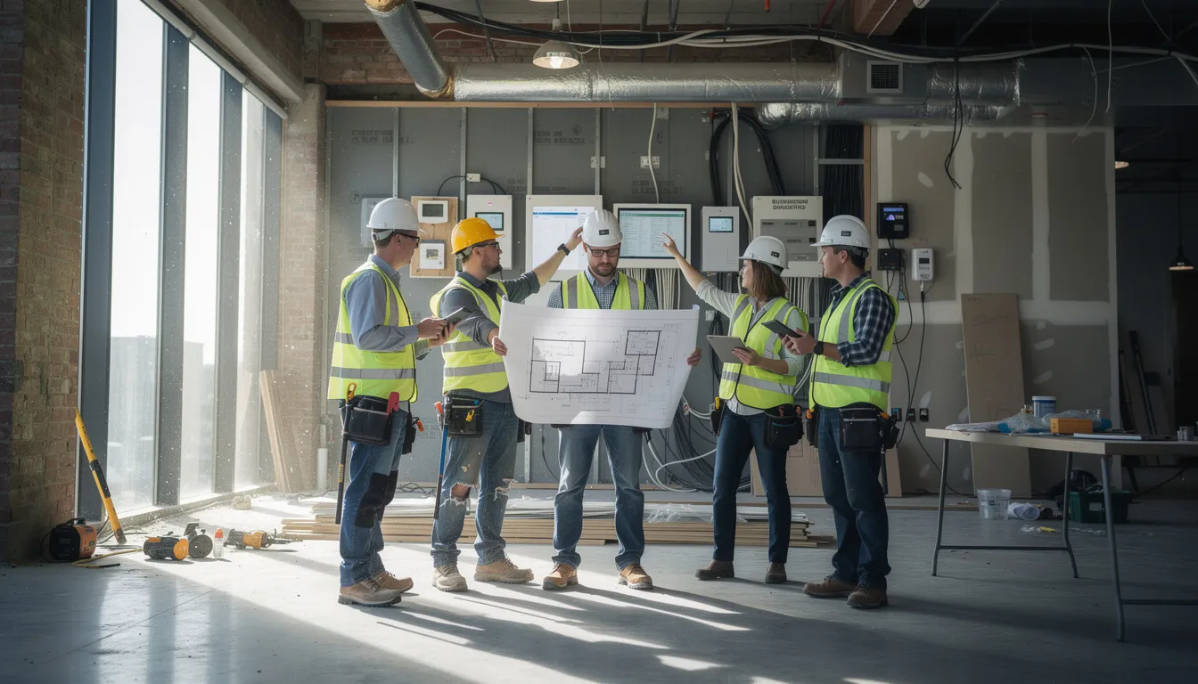 Cinq professionnels de la construction au chantier discutant de rapports techniques sur des diagnostics immobiliers avec des plans et des solutions d'efficacité énergétique.