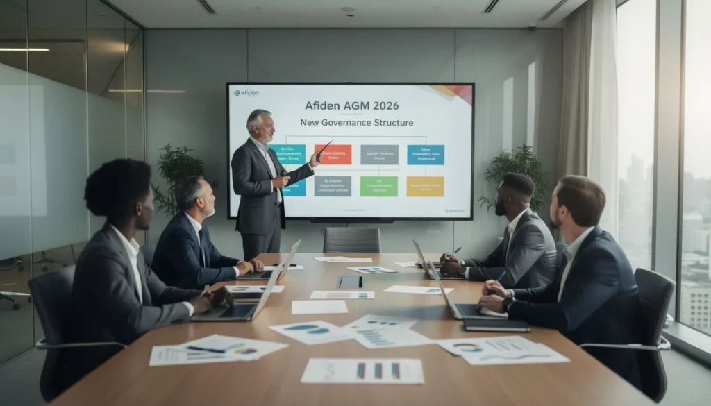 Cinq professionnels réunis dans un bureau moderne discutant de la gouvernance lors de l'AG de l'Afiden 2026, avec des graphiques et des rapports sur la table.