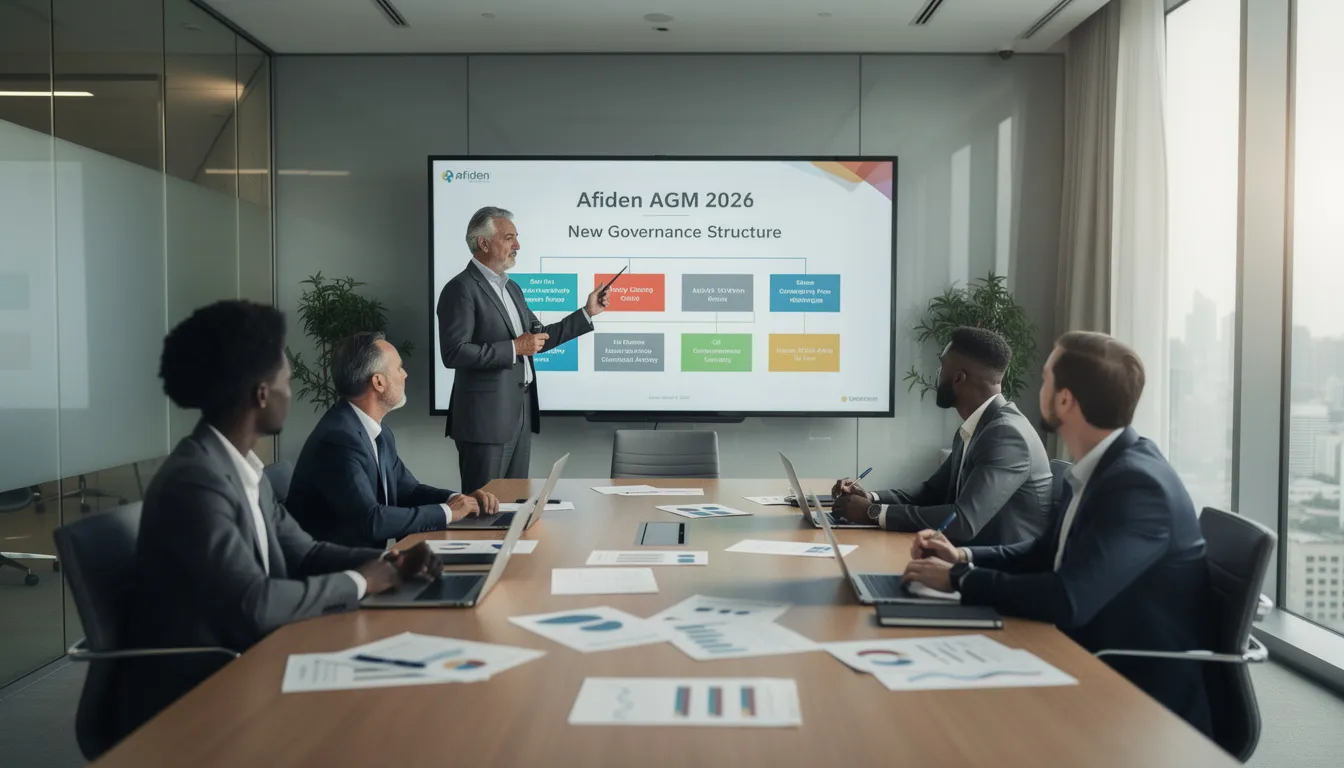 Cinq professionnels réunis dans un bureau moderne discutant de la gouvernance lors de l'AG de l'Afiden 2026, avec des graphiques et des rapports sur la table.