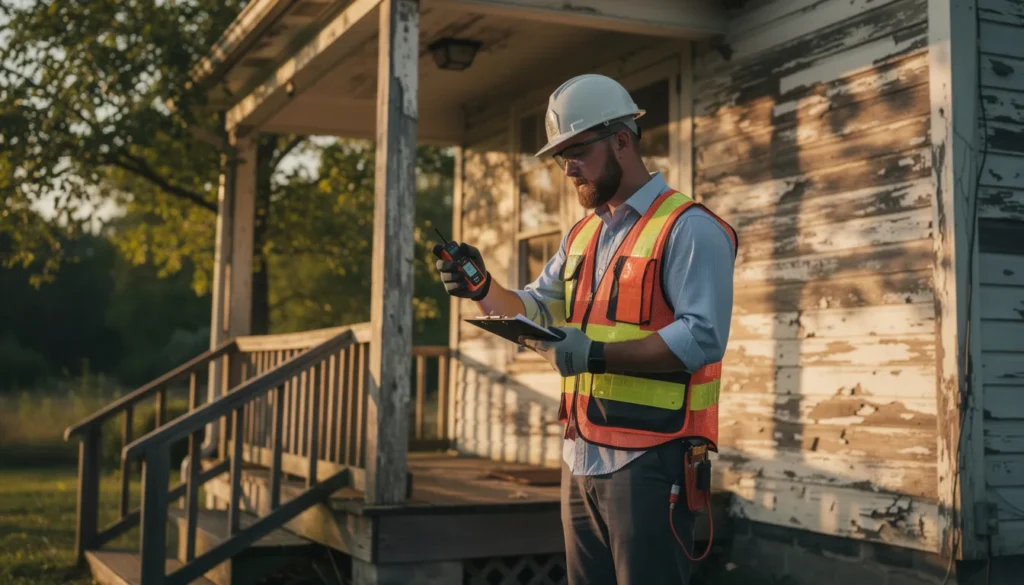 Inspecteur professionnel en train d'examiner un bâtiment résidentiel ancien pour des diagnostics de plomb et d'amiante, sur un porche, prenant des notes.