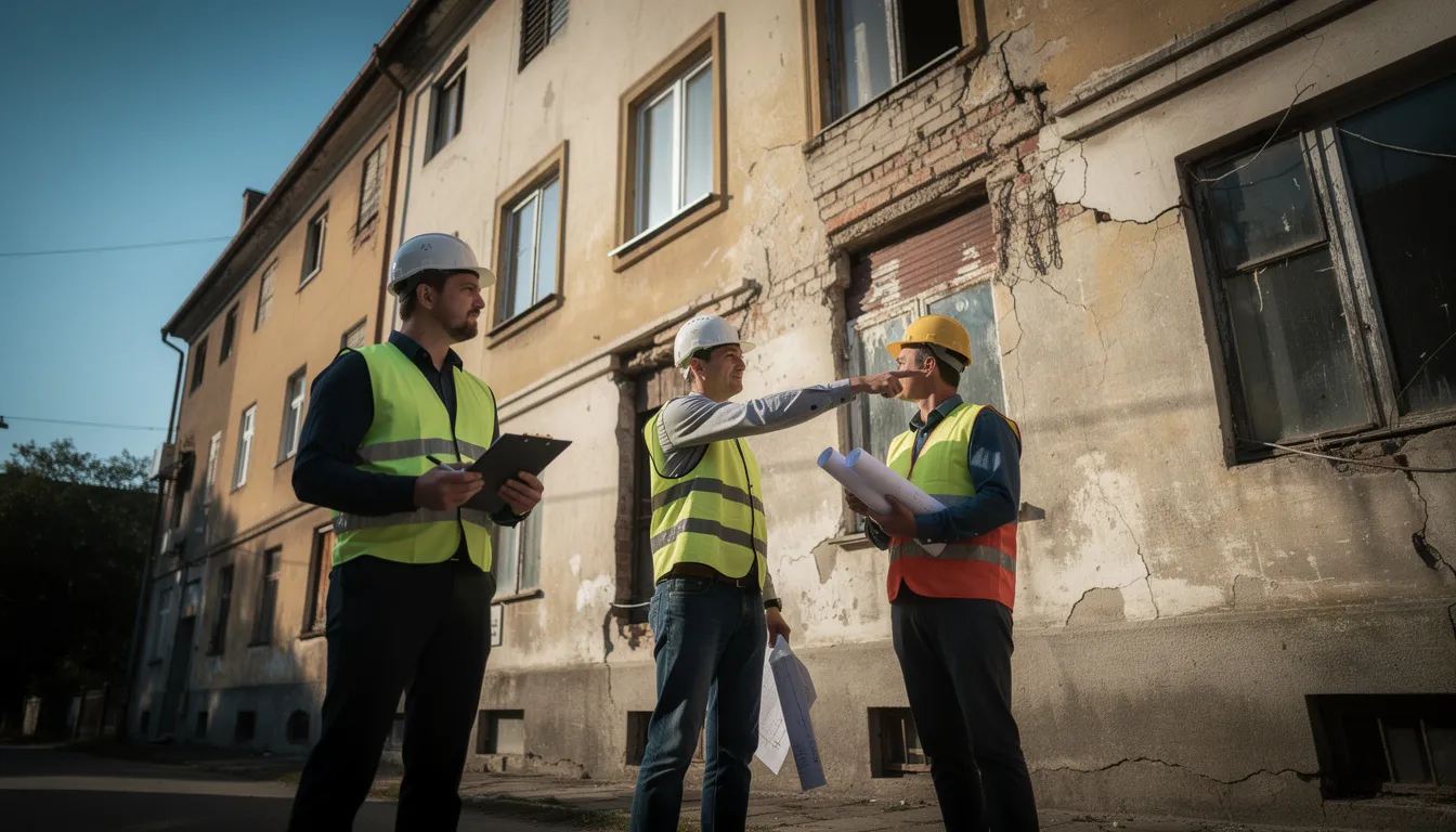 Trois inspecteurs professionnels examinant la façade d'un ancien bâtiment résidentiel, discutant des contraintes pour la performance énergétique.