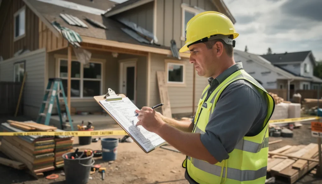 Un inspecteur professionnel en casque de sécurité examinant un bâtiment résidentiel pour l'amiante avec un clipboard, dans un environnement de chantier.