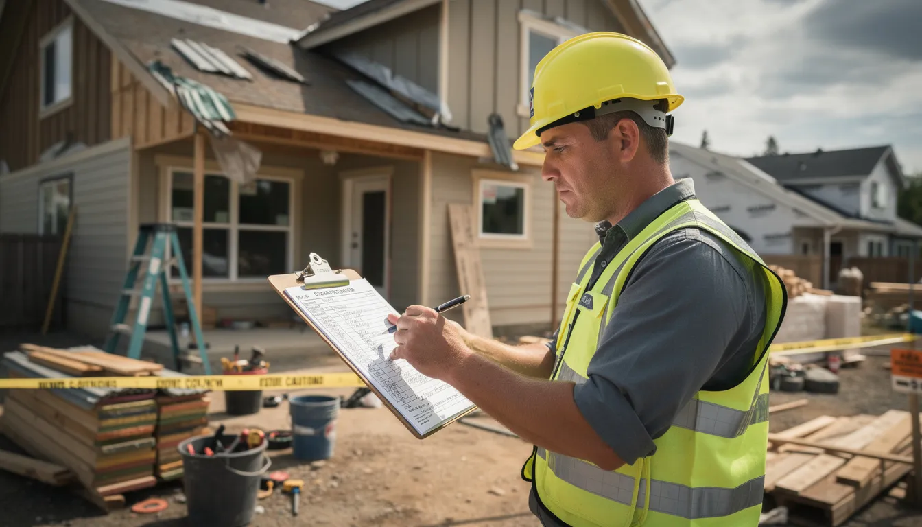 Un inspecteur professionnel en casque de sécurité examinant un bâtiment résidentiel pour l'amiante avec un clipboard, dans un environnement de chantier.